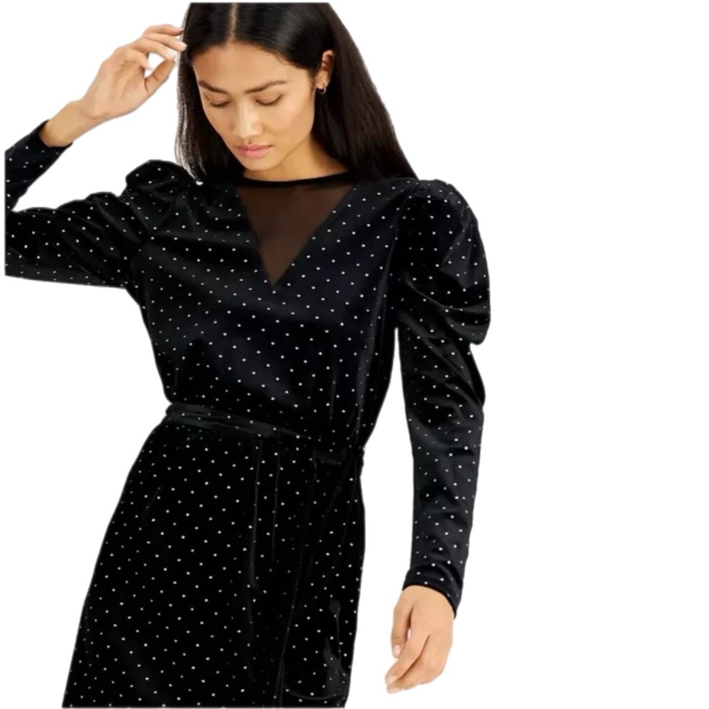 INC • NWT Sparkle Dot-Print Velvet Puff-Sleeve Dress • Large